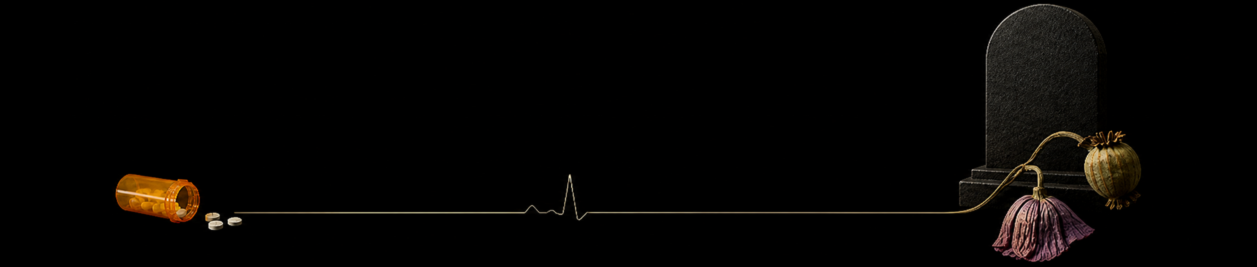 A spilled prescription bottle, a flat-line heartbeat, and a wilted poppy on a black field.